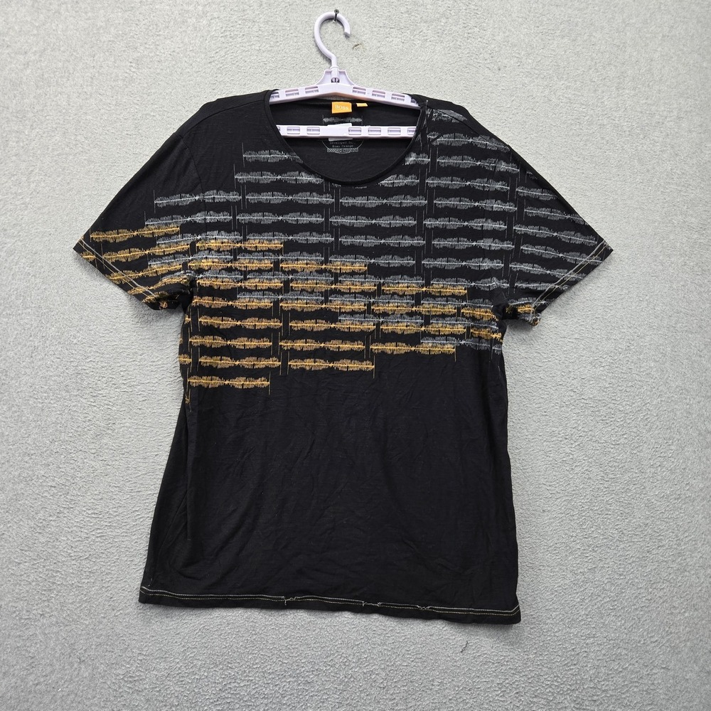 Hugo Boss Men Shirt 2XL Black Orange Sound Wave Graphic Design Short Sleeve READ